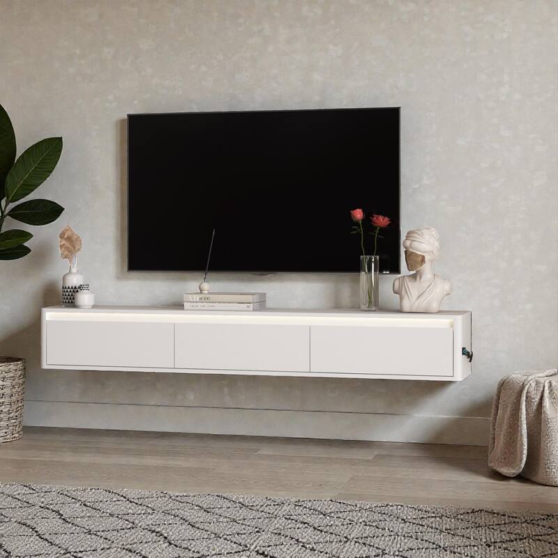 68.9" Floating TV Stand with LED Lights and Power Outlet, Wall Mounted High Gloss Media Console Shelf for Living Room