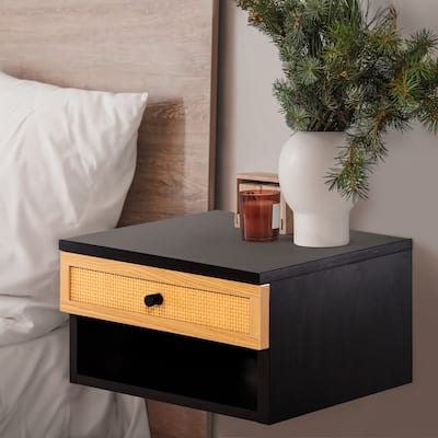 Elise 15.71" Mid-Century Modern Floating Wall Mounted Nightstand with Soft-Close Rattan Drawer and Cable Hole, by JONATHAN Y