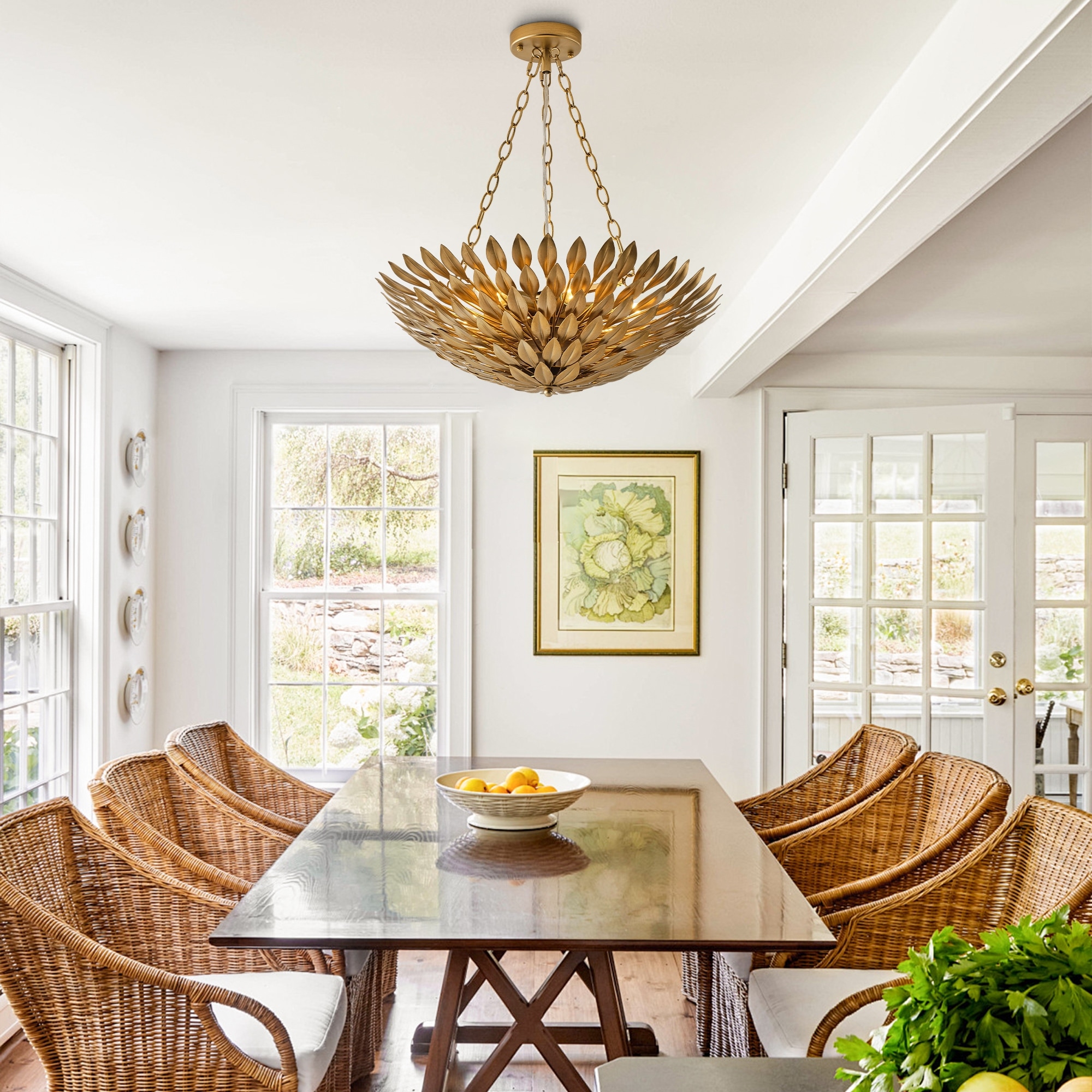 Antique Gold 6-Light Olive Leaf Convertible Chandelier Light