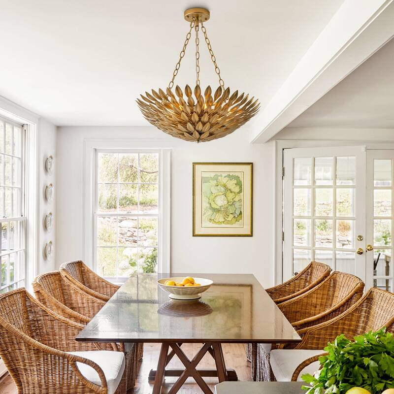 Antique Gold 6-Light Olive Leaf Convertible Chandelier Light - 22.05"W x 24.8"H