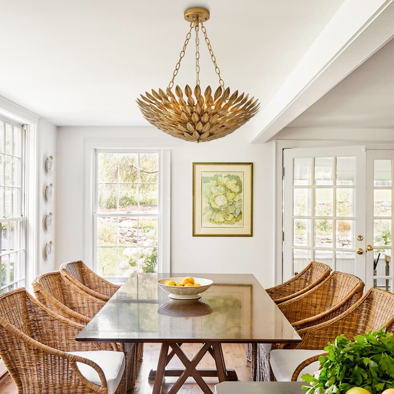 Antique Gold 6-Light Olive Leaf Convertible Chandelier Light - 22.05"Wx24.8"H