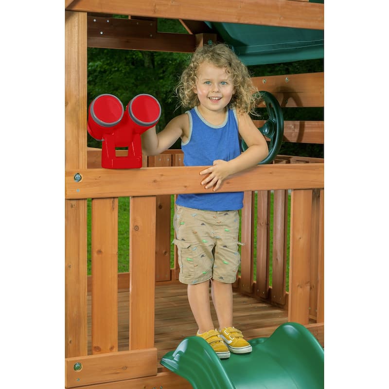 Mountain View Swing Set with Tarp Roof, Climbing Wall, Monkey Bars