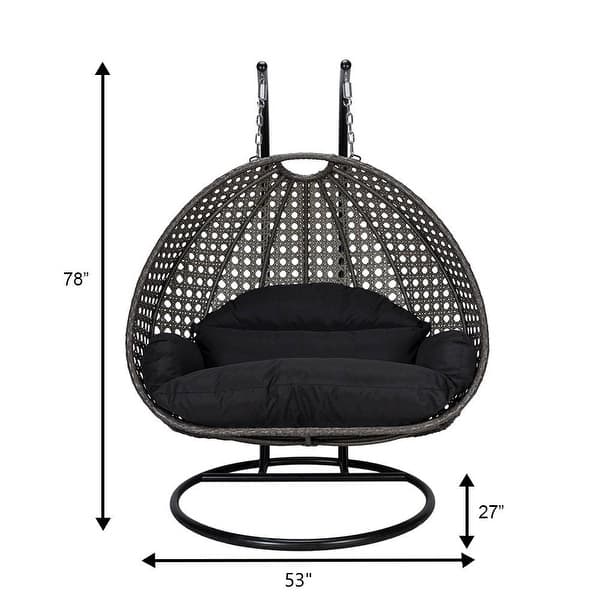 dimension image slide 5 of 16, LeisureMod 2-Person Double Egg Swing Chair - Charcoal Wicker with Metal Stand & Plush Cushions - Modern Outdoor Patio Lounger