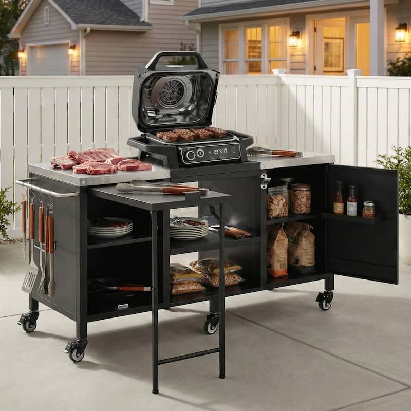 72.4" Outdoor Kitchen Island for Large Big Green Egg,Metal Outdoor Grill Cart with Fold-out Prep Table and Adjustable Shelves