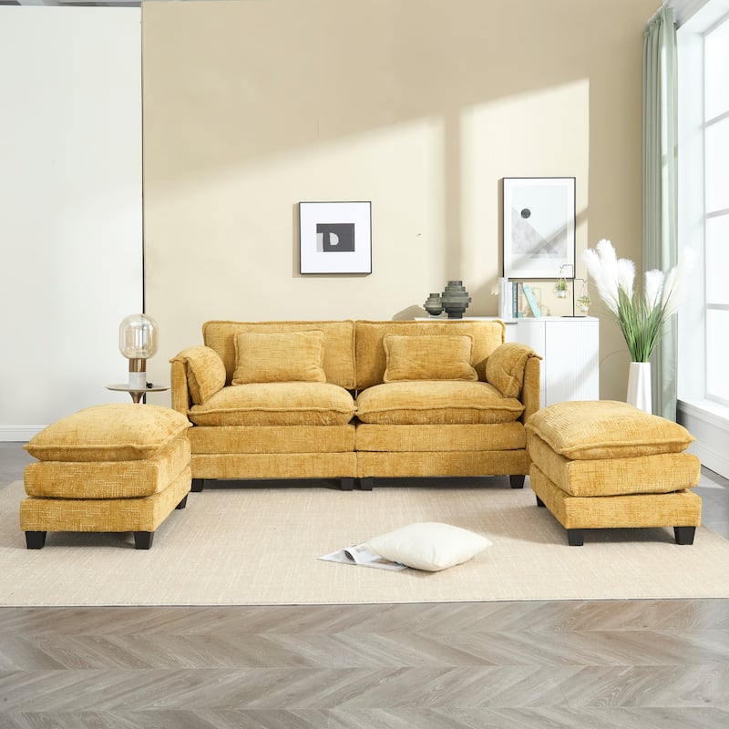 Chenille Fabric Loveseat Sofa Couch with 2 Ottomans and Side Pockets