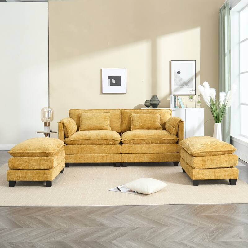 Chenille Sleeper Sofa Bed Deep Seat Loveseat Sectional Couch with Ottomans Chaise Lounge, Detachable Armrests and Side Pockets
