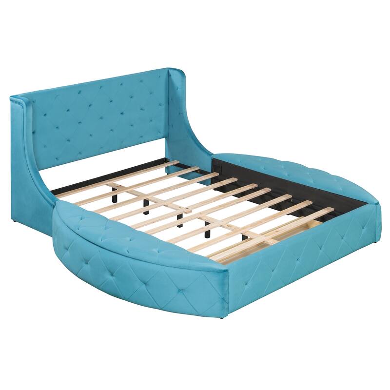 Queen Size Velvet Platform Bed with Wingback Headboard, Storage Drawer, and Side Stools