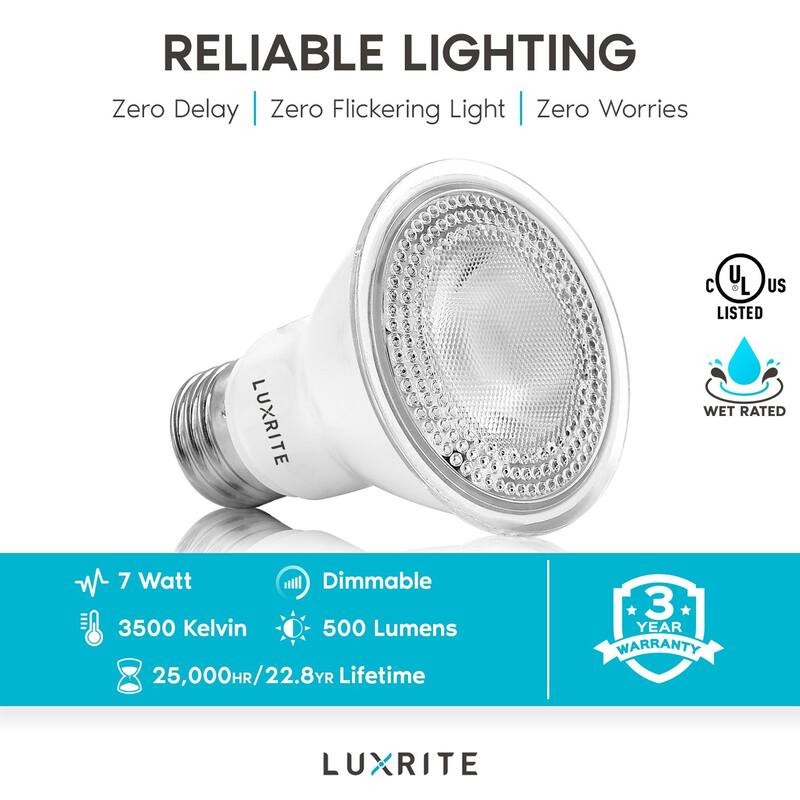 Luxrite 6 Pack PAR20 LED Spotlight Bulb, 7W=50W, Dimmable, Indoor Outdoor, 500 Lumens, Wet Rated, E26 Base, UL Listed