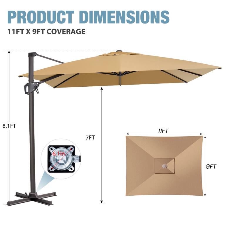 VredHom Patio Outdoor 9 FT x 11 FT Cantilever-Offset Umbrella with No Base