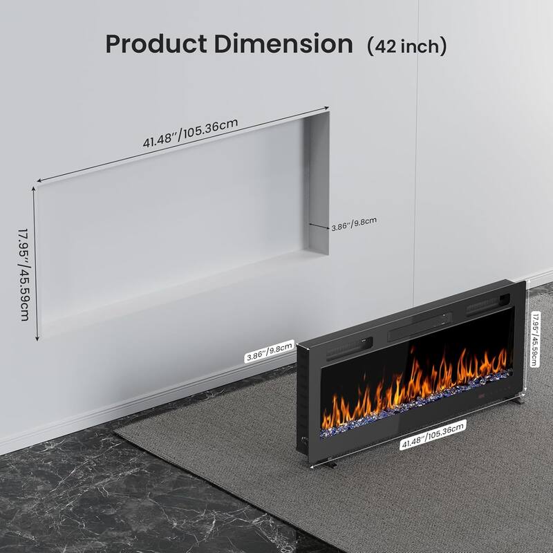 EROMMY Wall Mounted & Recessed Electric Fireplace, 12 Flame Colors, Remote, Timer, Quiet Heater with Safety - 42 inch.