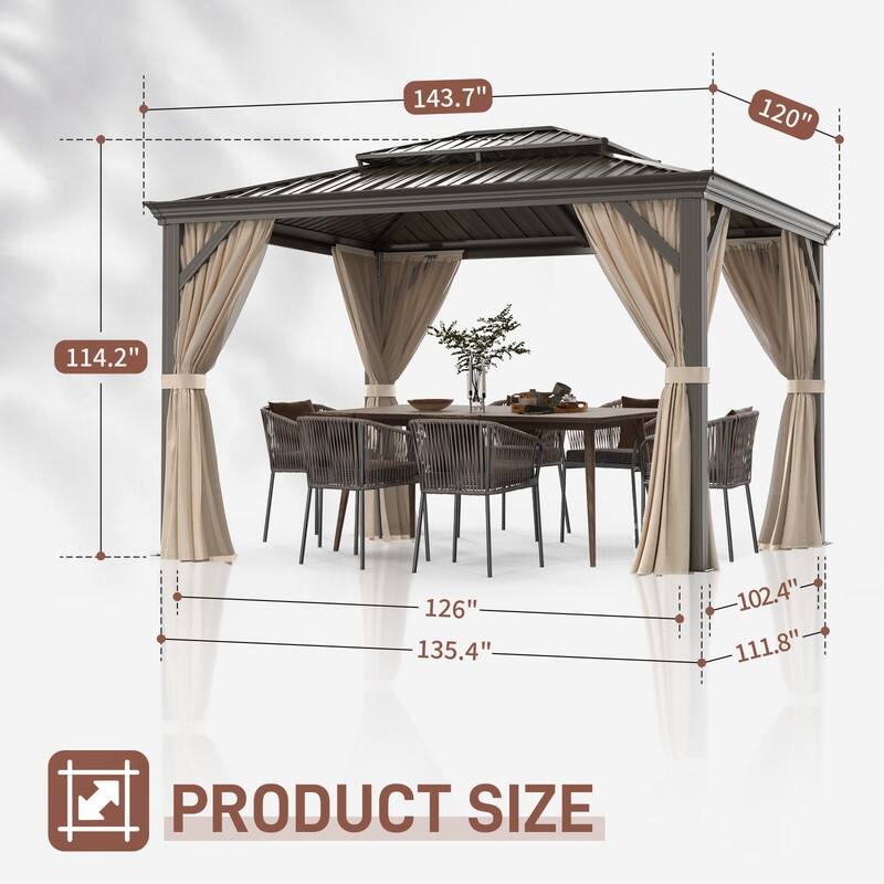 10x12 FT Hardtop Double-top Patio Gazebo with Polyester Curtains and Nettings
