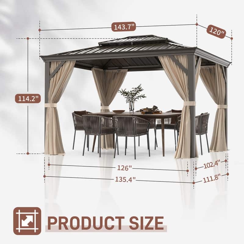 Outdoor Hardtop Double-Top 12 Ft x 10 Ft Galvanized Steel Patio Gazebo with Curtains Nettings