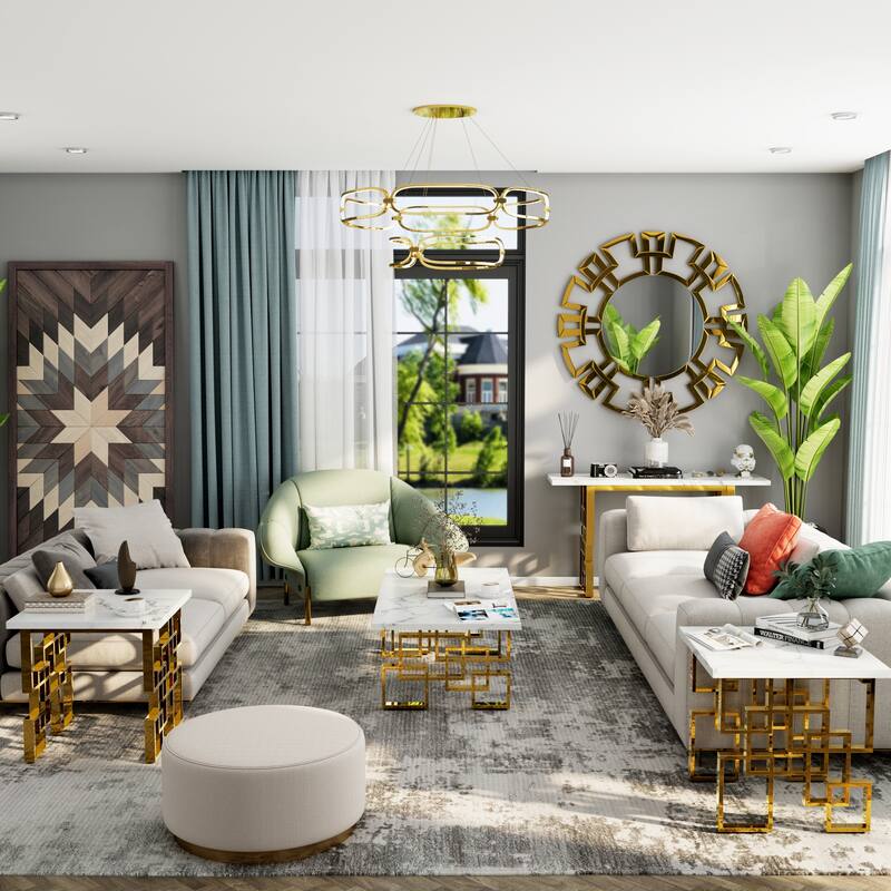 Faux Marble Coffee Table with Metal Legs for Living Room Office