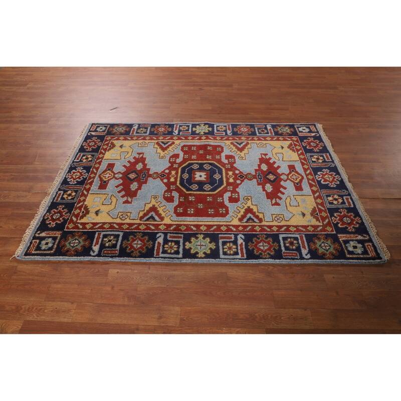 Blue Geometric Kazak Oriental Foyer Rug Handmade Wool Carpet - 4'0"x 5'10"