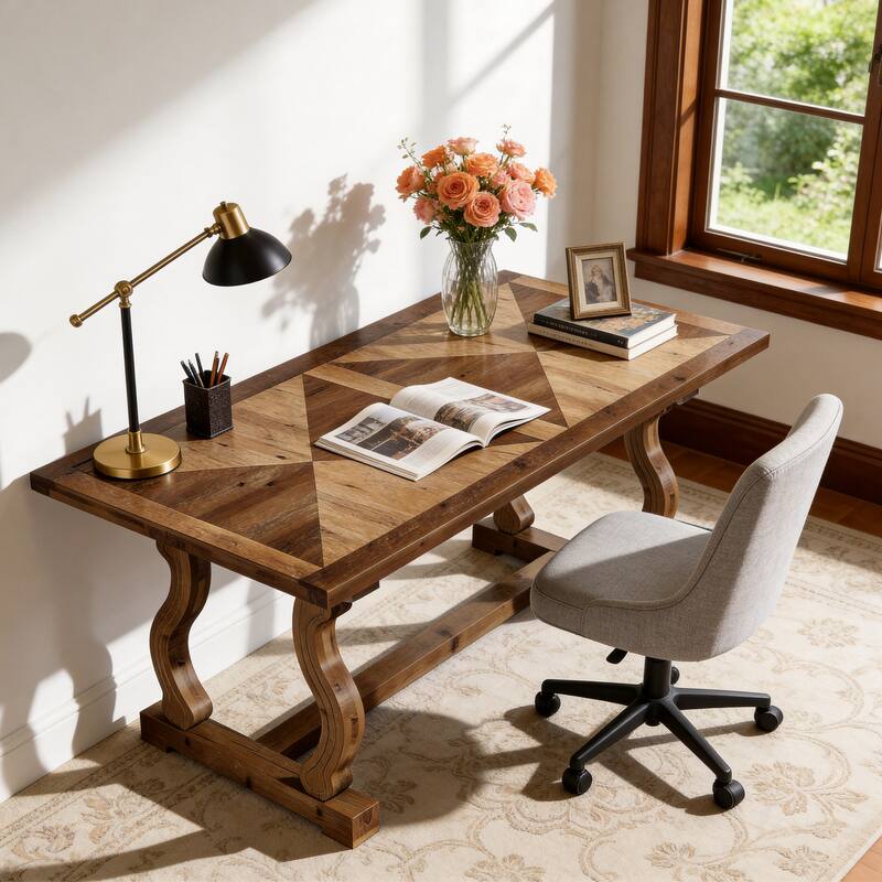 63" Solid Wood Office Executive Desk with Diamond Parquetry Top and Scroll Legs