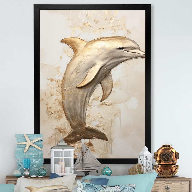 Designart "Beige And Gold Dolphin Happiness II" Animals Dolphin Framed Canvas Wall Art - 24 in. wide x 32 in. high - Black