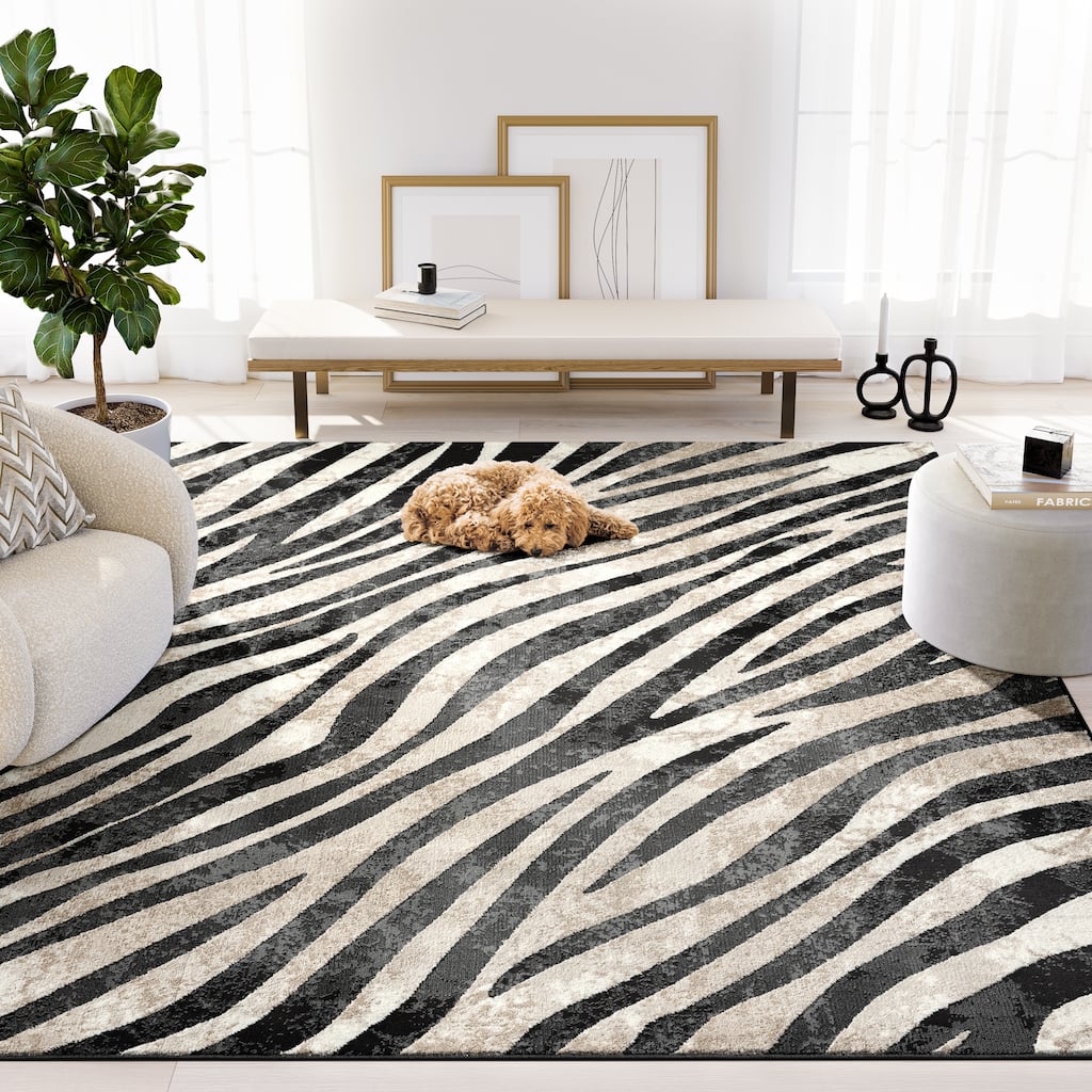 Abani Rugs TER160A Beige Black Diagonal Zebra Pattern Area Rug