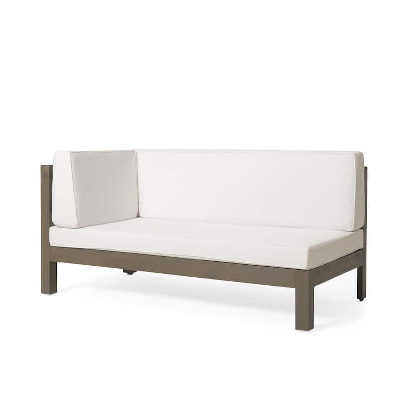 Roomfitters Outdoor Sectional Sofa Left Corner Bench with X-Back Acacia Wood Frame and Cushions - Grey+White