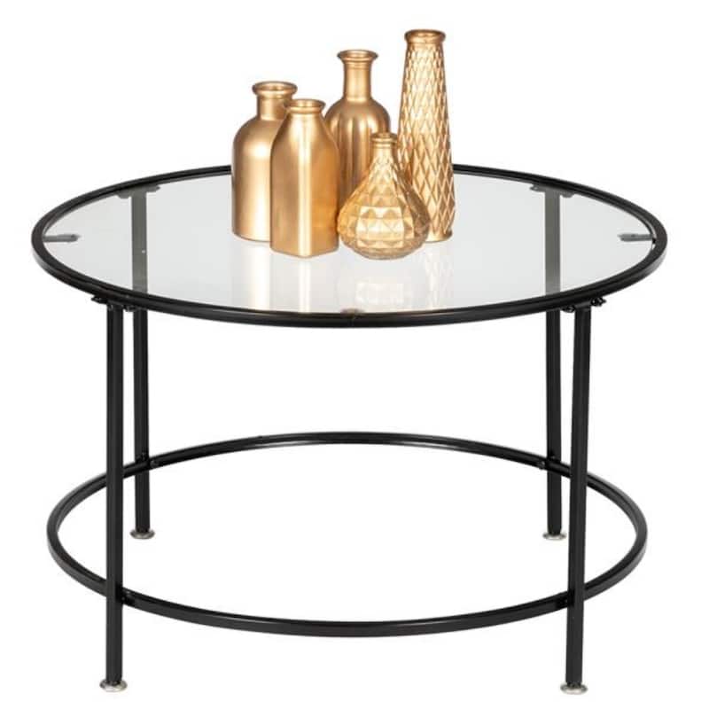 2 Layers 5mm Thick Tempered Glass Countertops Round Wrought Iron Coffee Table - Black - 25.98"L x 25.98"W x 16.53"H