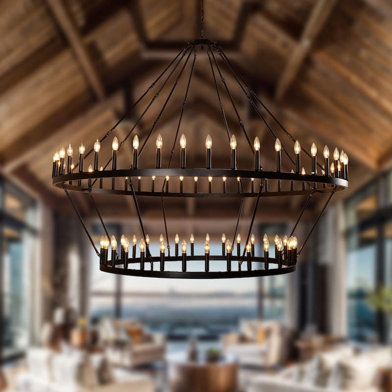 Black Large Wagon Wheel Chandelier 2 Tier 80-Light Farmhouse Chandelier - 53.1+78.7 inch - 53.1+78.7 inch