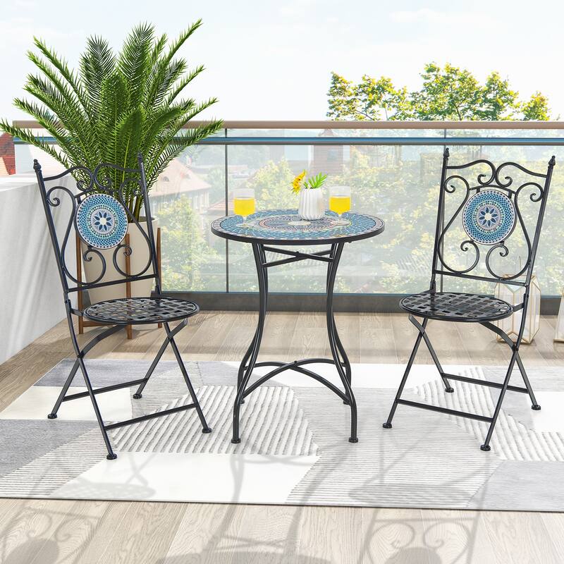 24" Mosaic Pattern Round Patio Bistro Table with Metal Frame and Concrete Top for Balcony or Yard