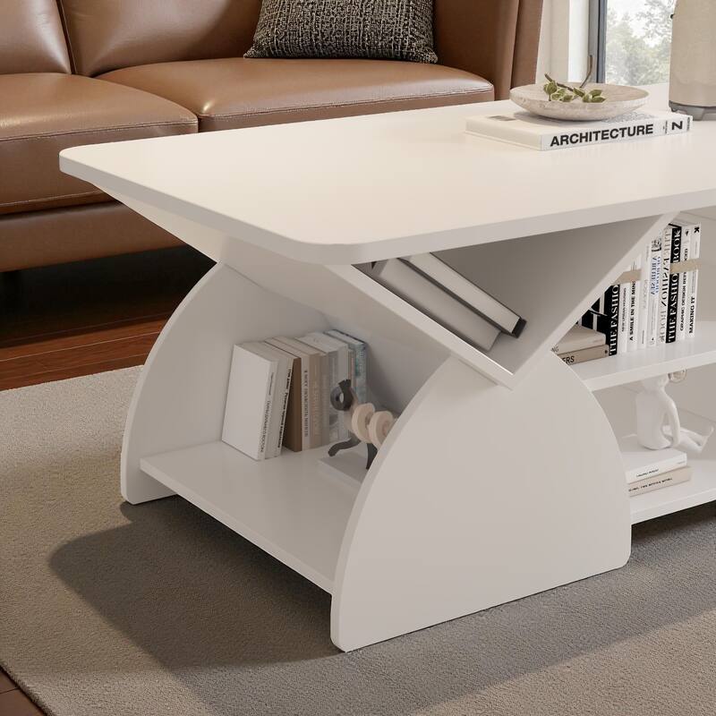47.2'' Modern Engineered Wood Coffee Table with Open Storage Shelves, Rounded Corners & Sturdy Frame for Living Room