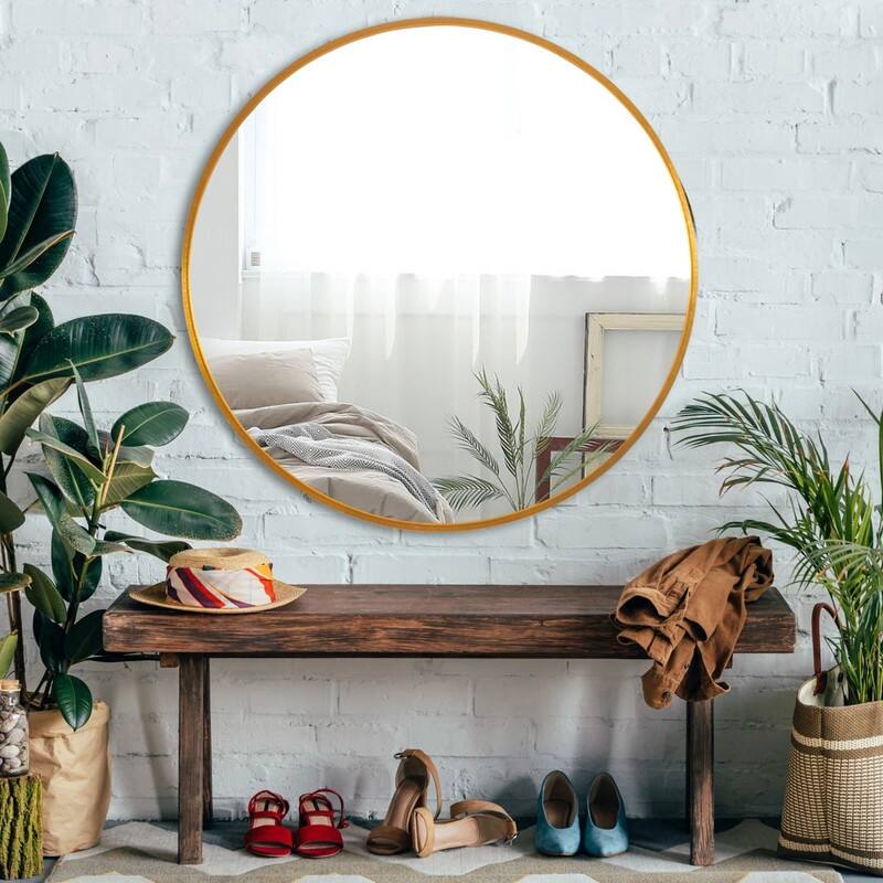 Classic Round Accent Bathroom Mirror Metal Frame Hanging Wall Mounted Circle Mirror for Wall Decor Vanity Entryway Living Room