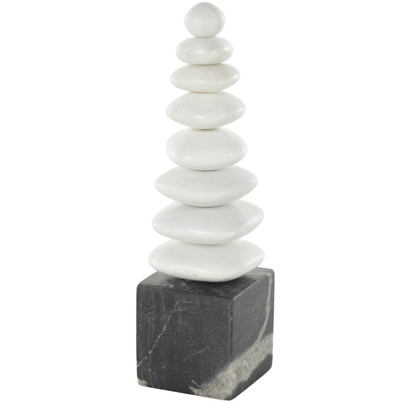 Marble Abstract Stacked Stone Sculpture with Black Block Base - White - Roche River Decor - White - 3"W, 12"H