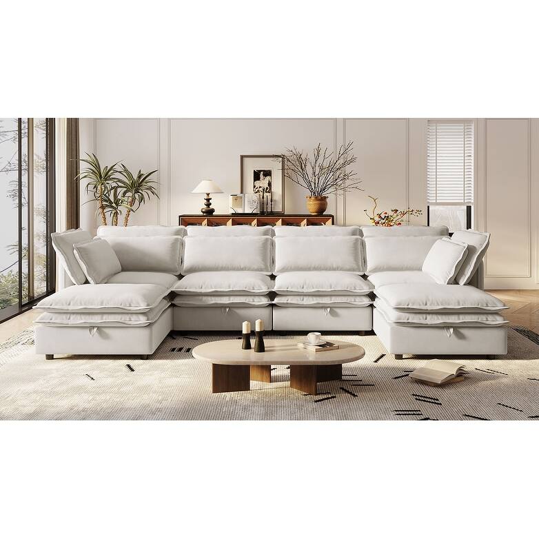 U-Shaped Modular Sectional Sofa with 2 Storage Ottomans, Convertible Sectional Sofa Bed, 6 Seater Sofa with Throw Pillows