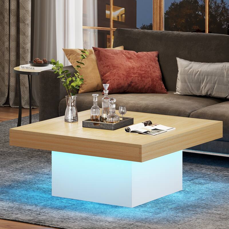 Engineered Wood Square Coffee Table LED Center Table for Living Room - Maple+White
