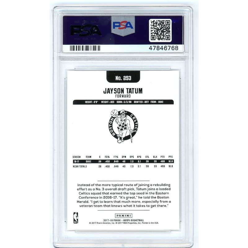 Jayson Tatum 2017-18 Panini Hoops Basketball Rookie Card RC #253 Graded PSA 10 GEM MINT - 8'6" x 11'6"