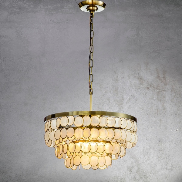 3-Light Round Coastal Capiz Shells Tiered Chandelier With Antique Gold  Metal And Natural Seashell 