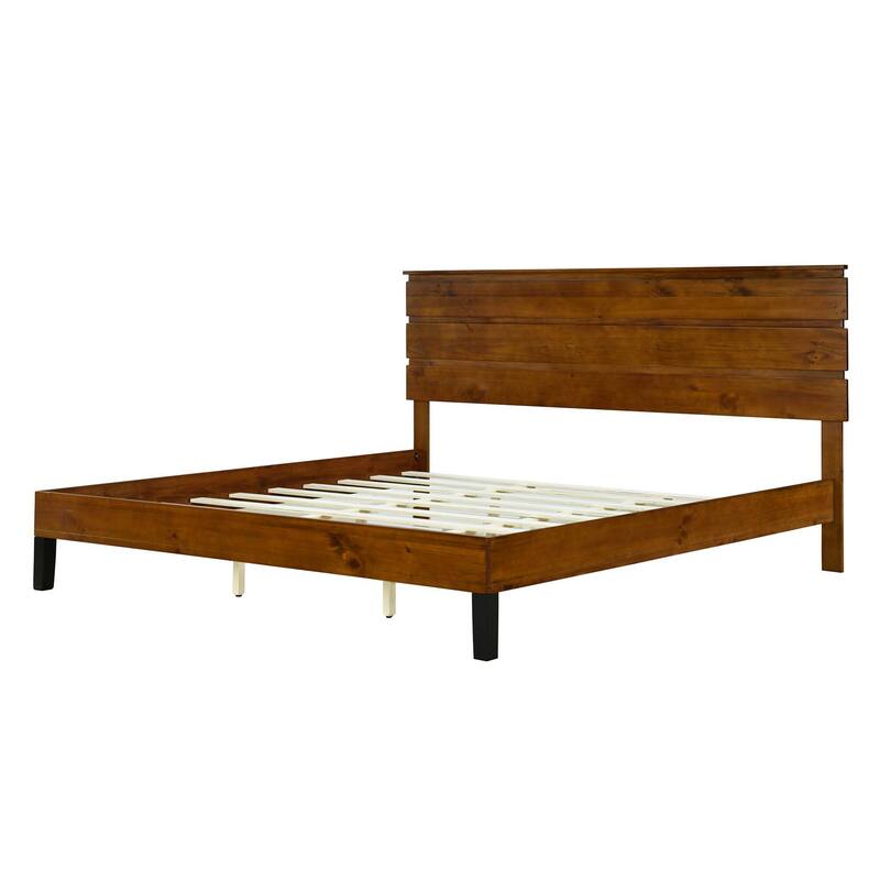 Brown Solid Wood Frame Platform Bed with Three-Piece Headboard Design