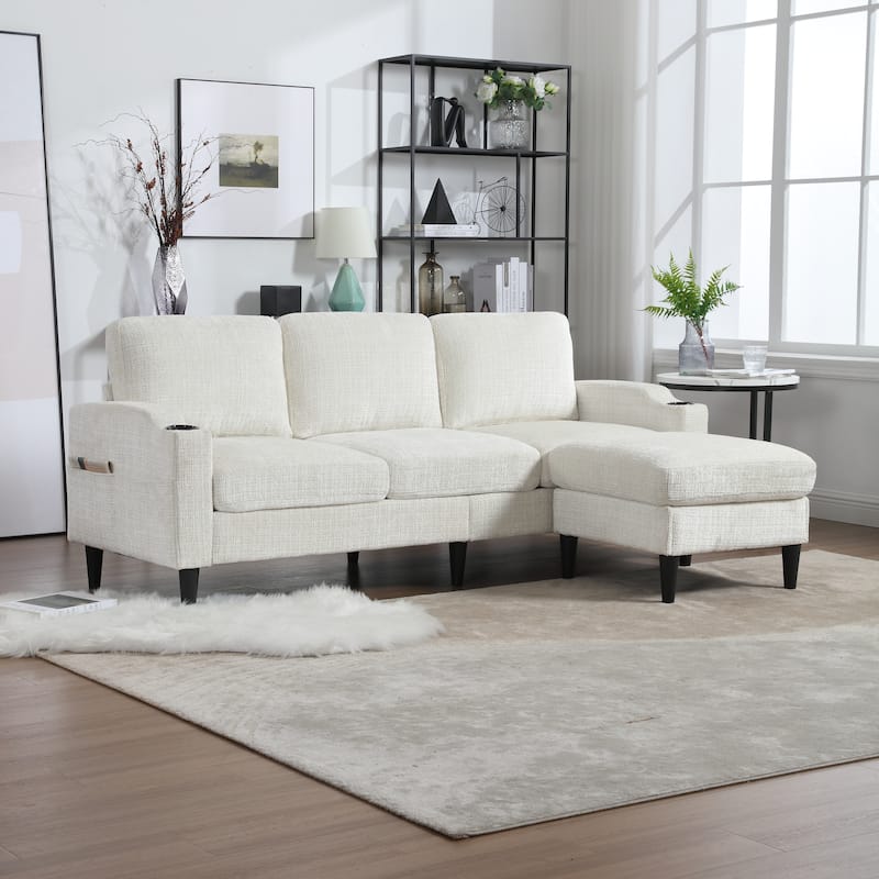 Modular Sectional Sofa with Storage Ottoman, Comfy Chenille Fabric Sofa, 3-Seater Sofa with Side Pockets & 2 Cup Holders