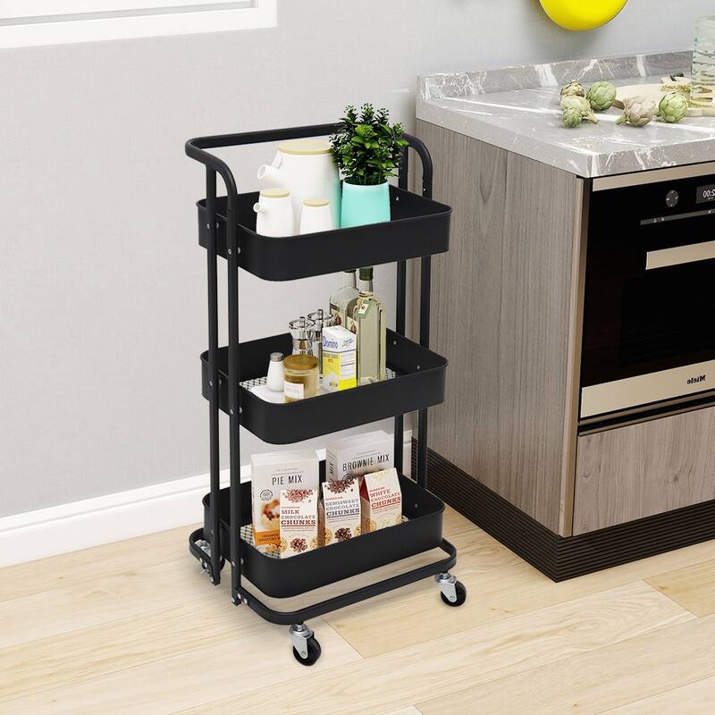 Maypex 3 Tier Foldable Rolling Utility Cart - Black