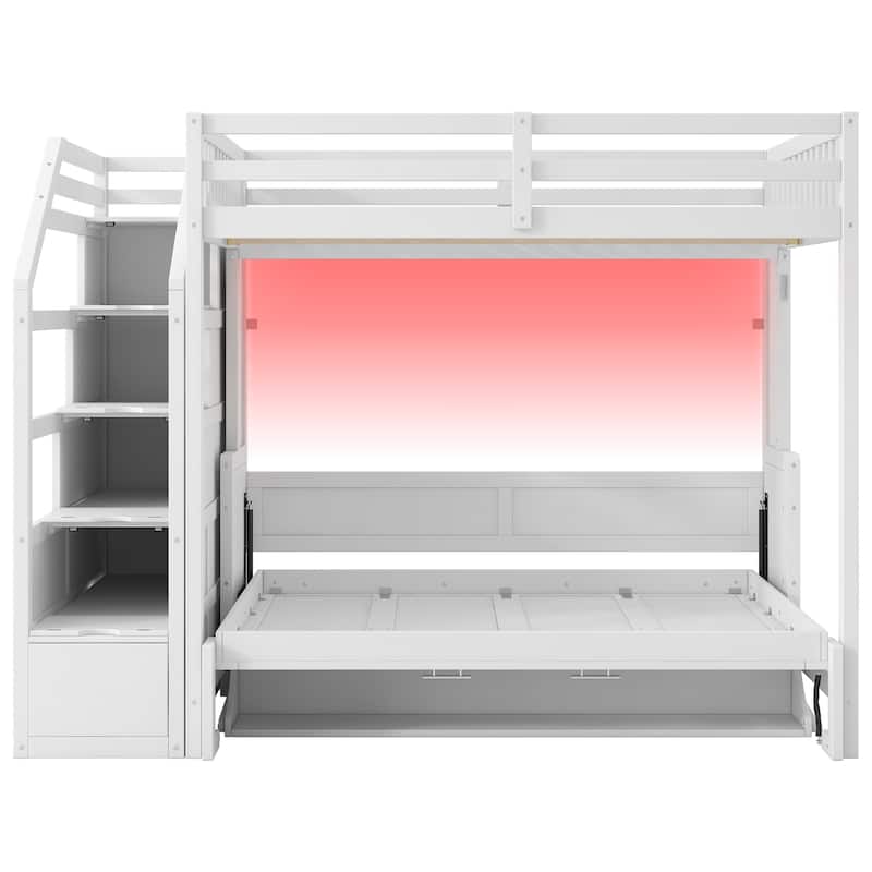 Full XL Loft Bed with Storage Staircase, Murphy Bed, Desk, and LED Light in White