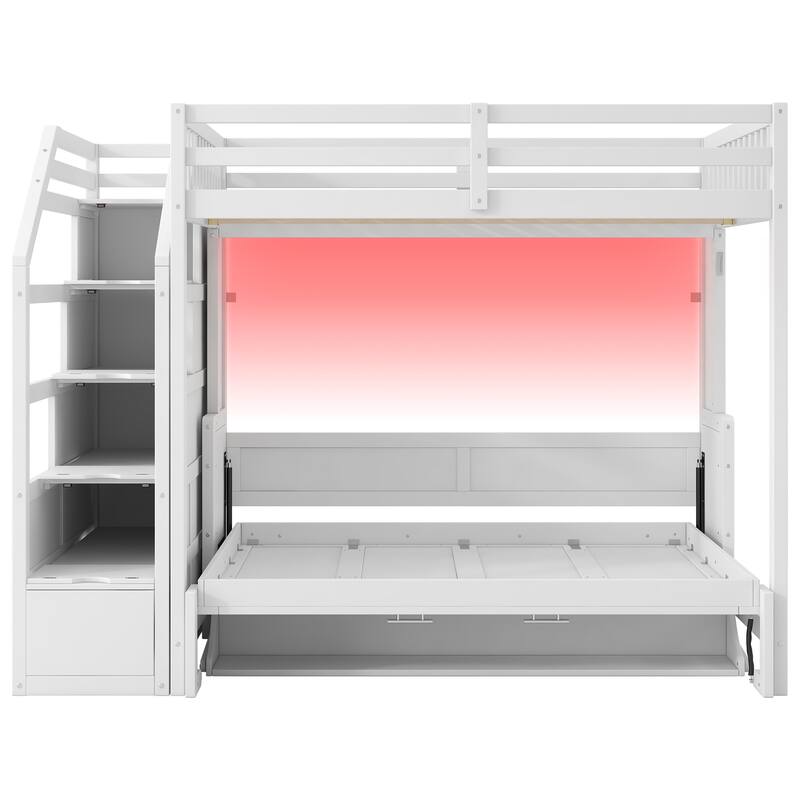 Full XL Loft Bed with Storage Stairs, Murphy Bed, LED Light, White