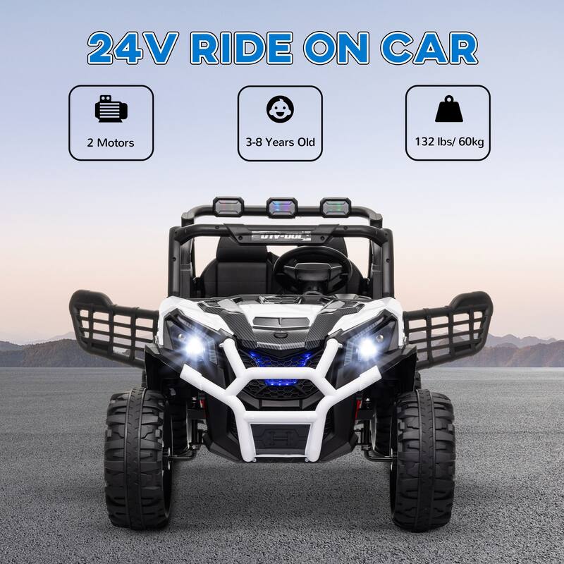 Qaba 24V Kids Electric Car, 2 Seater with Remote Control, Spring Suspension, LED Lights, Music, Horn - White