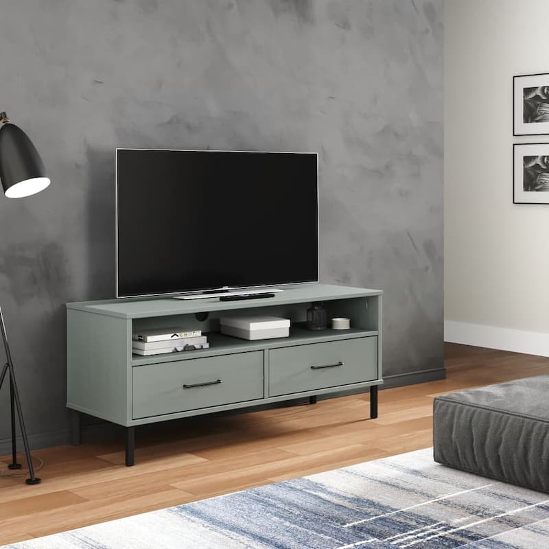 vidaXL TV Stand TV Console TV Console with Metal Legs Solid Wood Pine OSLO - 41.7" x 15.7" x 18.3" - Grey