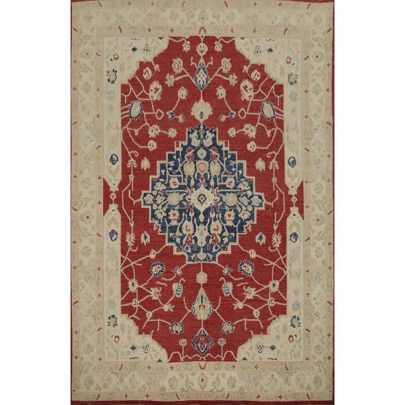 Hand Knotted Oriental 100% Wool Carpet Transitional Medallion Red Oushak Area Rug - 11' 10'' X 8' 11''