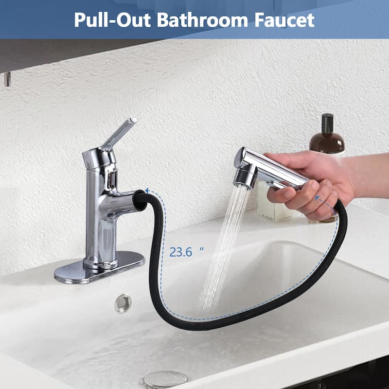 Bathroom Sink Faucet with Pull Out Sprayer, Single Handle Modern Bathroom Basin Faucet with Pop-up Sink Drain Stopper