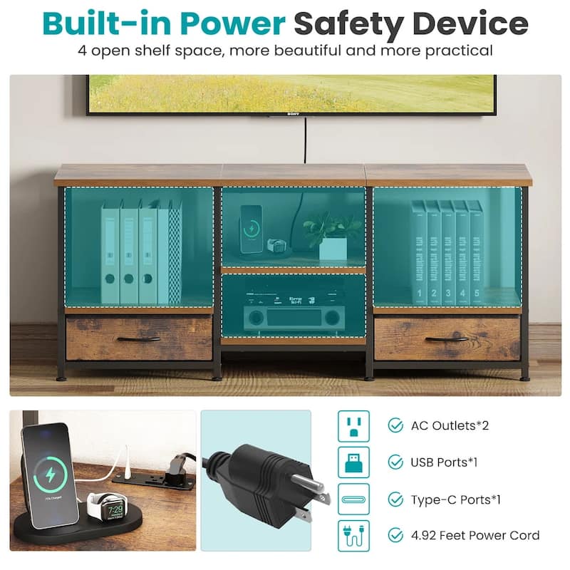 TV Stand with Fabric Drawers, TV - Entertainment Center and Industrial TV Console Table with Open Storage Shelves