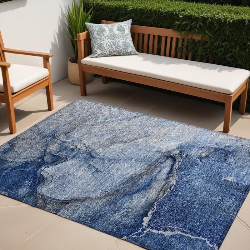 Fami Artistic Abstract Weather Resistant Versatile Elegance Outdoor Rug - 5' X 8' - Blue
