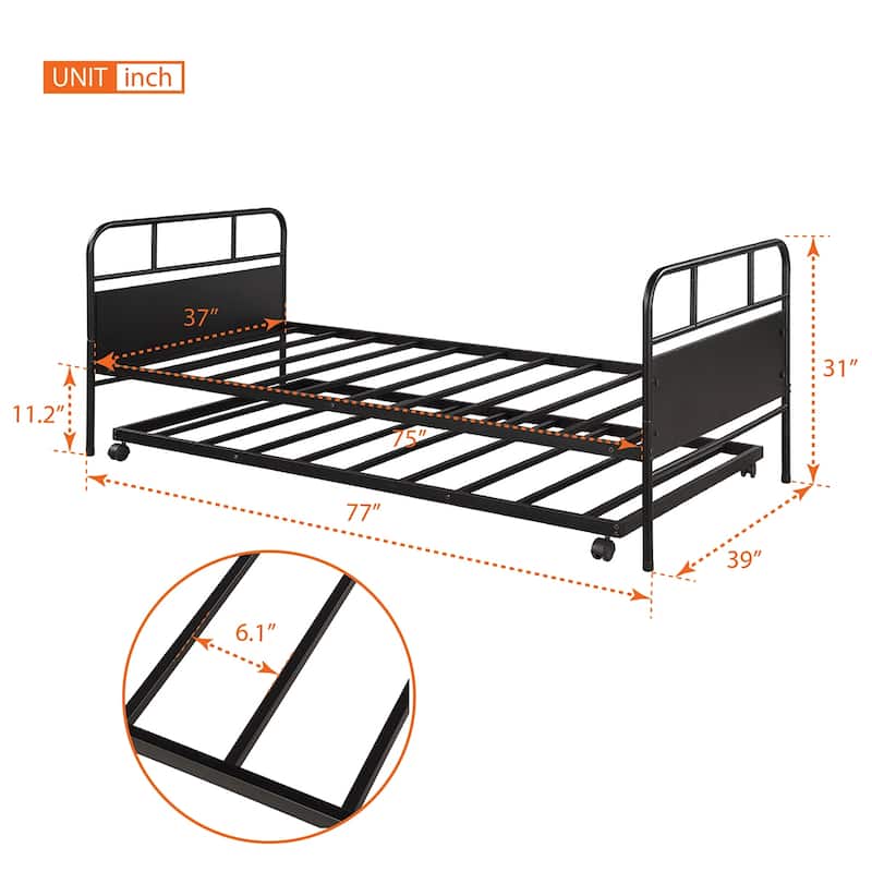 Twin Size Metal Daybed Platform Bed Frame with Pull-Out Trundle and Built-in Casters