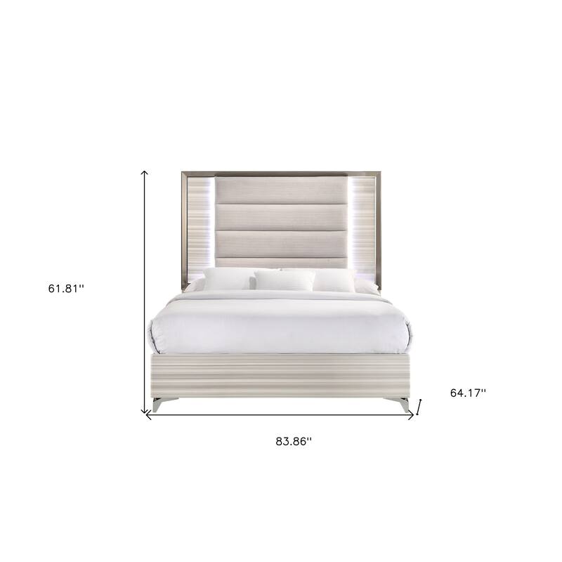 HomeRoots Beige White And Chrome Wood Upholstered Lighted Queen Bed Frame