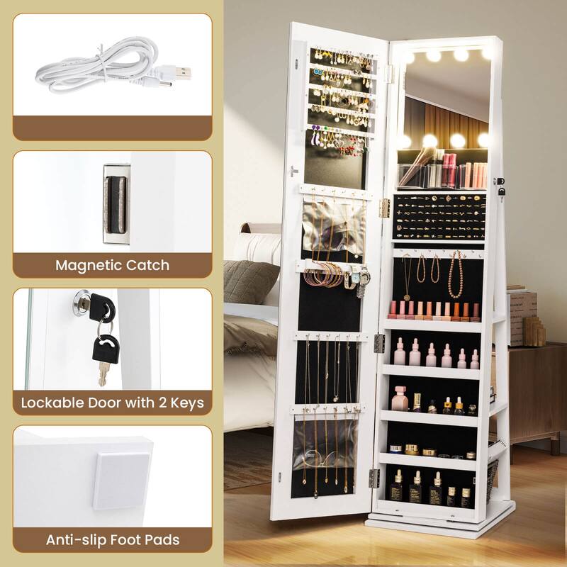Costway 360° Swivel Jewelry Cabinet with Lighted Full Length Mirror & - See Details