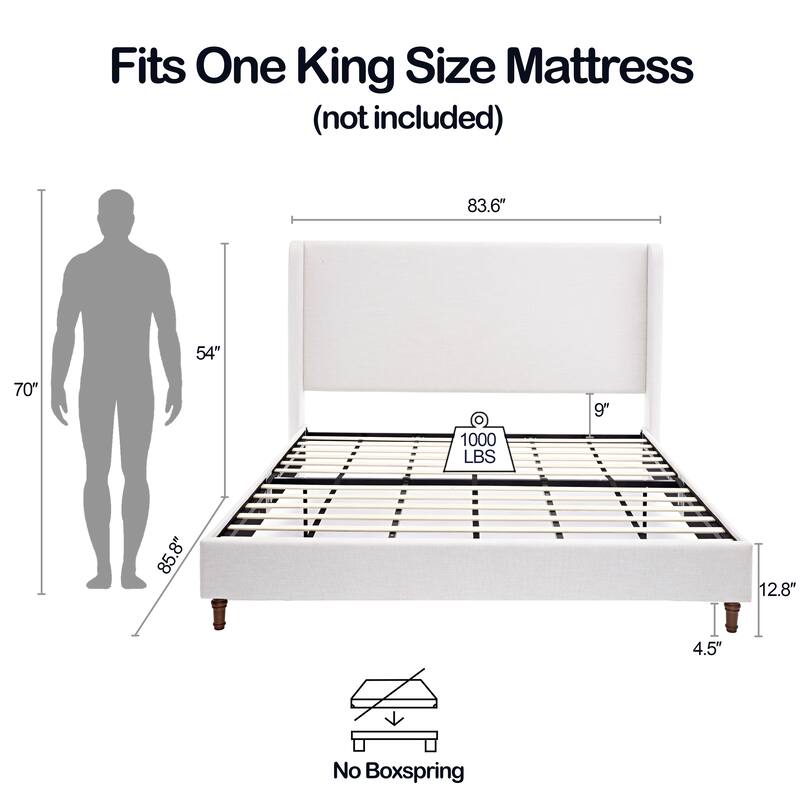 Modern Contemporary Upholstered Platform Bed with Wingback Headboard