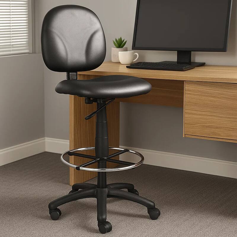 Zem Drafting Stool with Footring, Black Vinyl Contoured Back & Seat