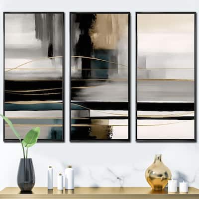 Designart "Abstract Geode Geometric Black And Gold III" Modern Geometric Framed Canvas Art Print - 3 Panels