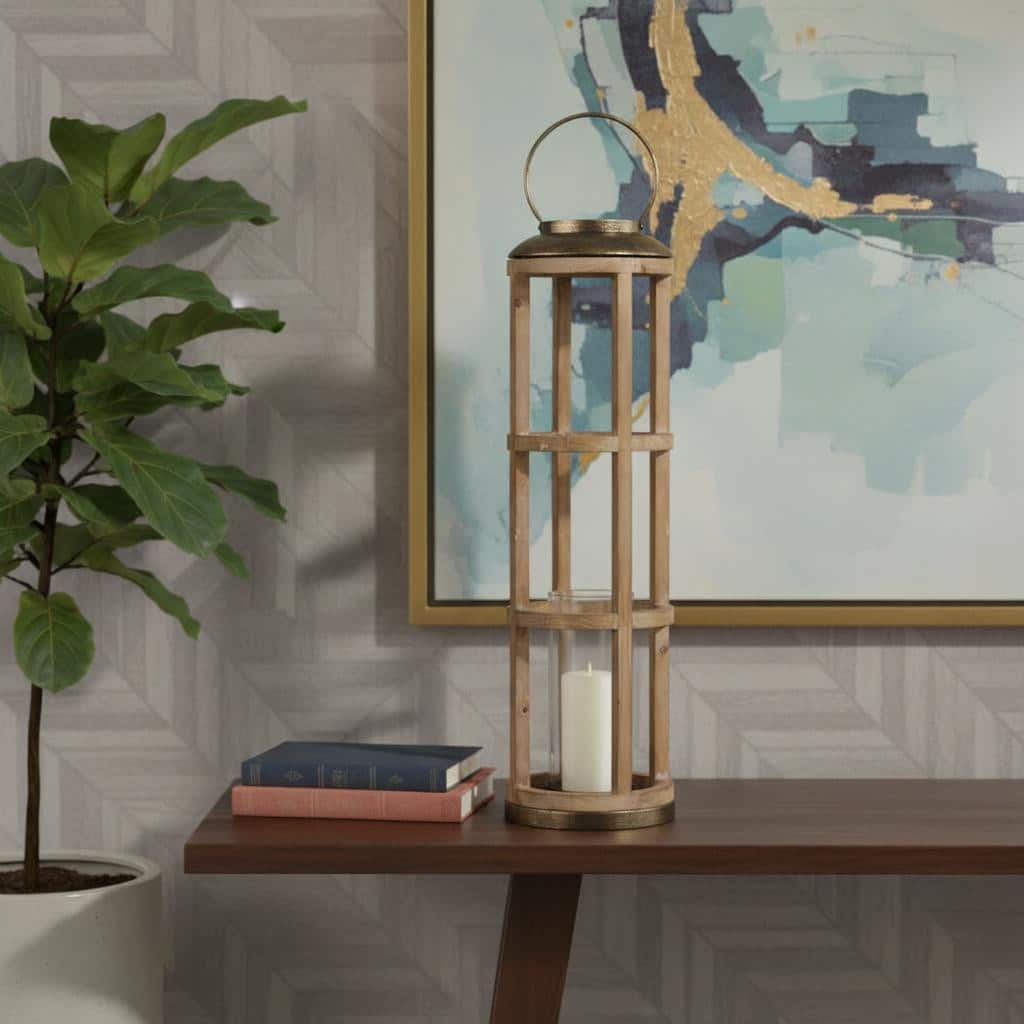 35" Natural And Brass Distressed Geometric Solid Wood And Metal Tabletop Lantern Candle Holder
